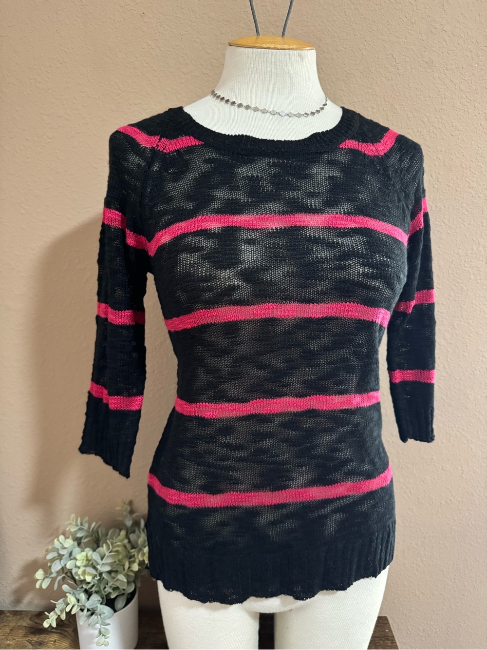 Pink Rose Black Sweater with Hot Pink Stripes